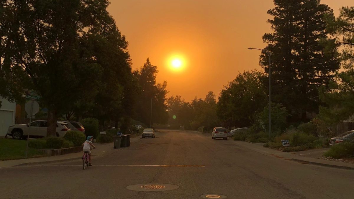 Child on bike going down suburban street as sun sets in smokey sky